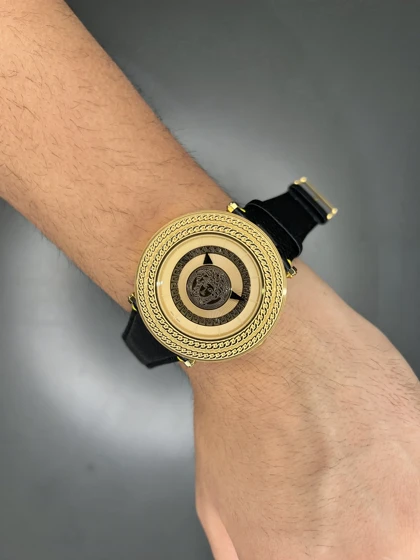 ساعت مچی ورساچه صفحه طرحدار قاب طلایی چرمی طلایی Versace