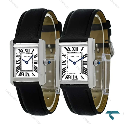 ساعت کارتیه تانک زنانه نقره ای بند چرم مشکی متوسط Cartier-7921-L
