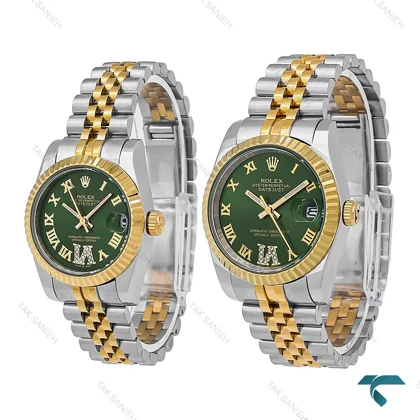 ساعت ست Rolex دورنگ طلایی صفحه سبز ایندکس یونانی Rolex-7156-S