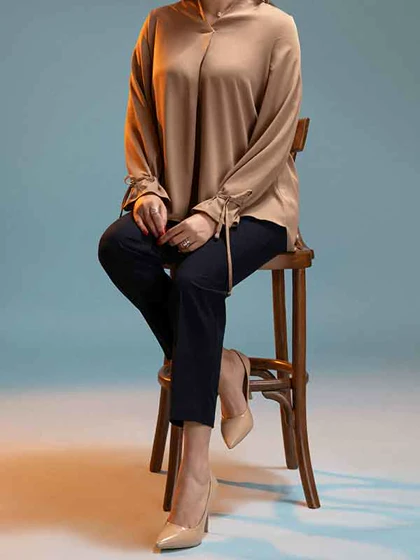 تونیک زنانه کرپ نخ یقه هفت پیلی دار مچ چین‌دار کژوال کاپری