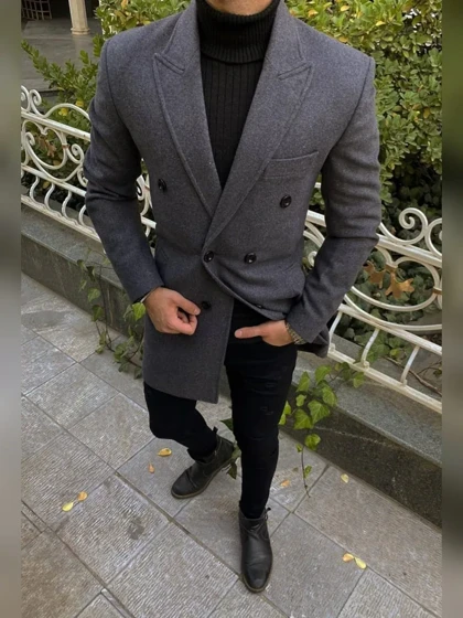 پالتو 6 دکمه یقه بلیزر جیب پالتویی طوسی تیره o112