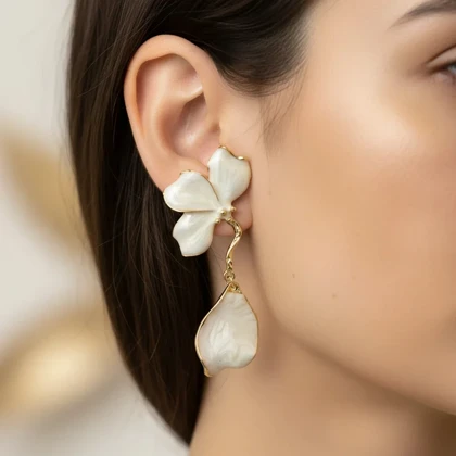 گوشواره زنانه مدل ماگنولیا طرح گل آویزدار با میناکاری صدفی و فریم طلایی