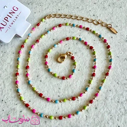 زنجیر زنانه ژوپینگ طلایی مدل مهره ای رنگارنگ کد 4691
