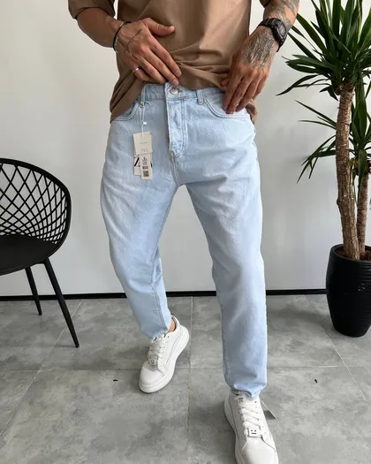شلوار مام فیت ابی یخی ساده ZARA