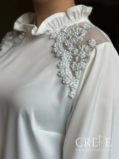 شومیز ساتن سرشانه تور سنگدوزی