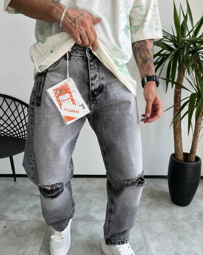 شلوار بگ استایل طوسی زانو زاپ‌دار PULL&BEAR