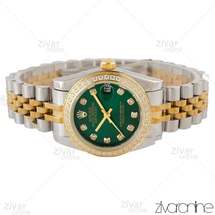 ساعت رولکس دیت جاست زنانه دورنگ طلایی صفحه سبز دور نگین مدیوم 105303