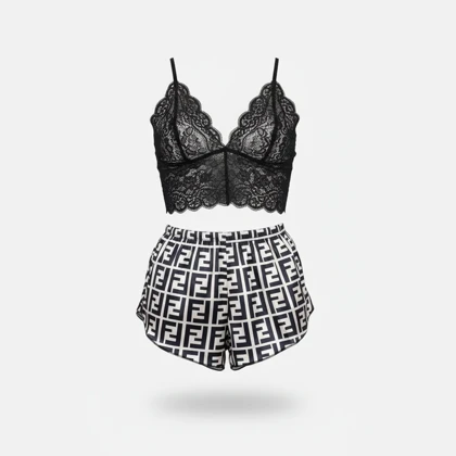 ست نیم‌تنه گیپور و شلوارک طرح فندی 003