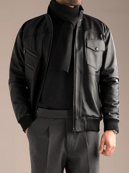 کاپشن چرم طبیعی مشکی j193