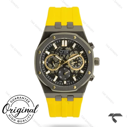 ساعت کرست مردانه 6313-4 مشکی بند رابر زرد اتوماتیک Crest-10968-G