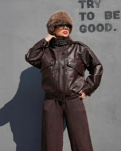 کاپشن کراپی چرم دخترانه