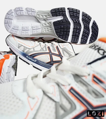 کفش کتانی بزرگ پا سفید طوسی نارنجی ASICS KAYANO 20