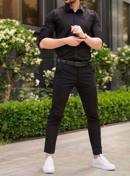 پیراهن مشکی آستین بلند دکمه مخفی مردانه پارچه ساتن پنبه کش قواره رگولار