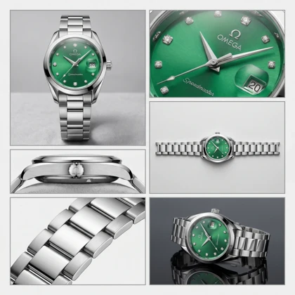 ساعت مچی زنانه امگا SPEEDMASTER مدل OMEGA-9693 بند استیل نقره‌ای صفحه سبز یشمی