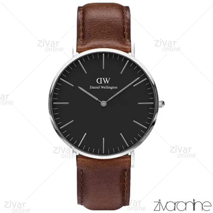 ساعت دنیل ولینگتون مردانه قاب سیلور صفحه مشکی بند چرم 104097