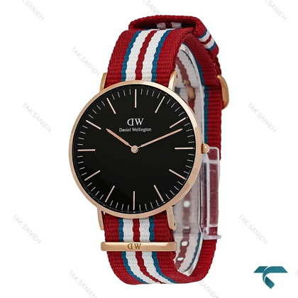 ساعت مردانه DW رزگلد صفحه مشکی بند برزنتی قرمز آبی سفید DW-7236-G