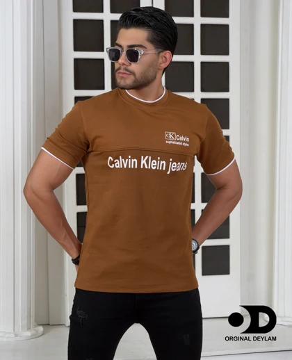 تیشرت مردانه کلوین کلاین موکا قهوه ای پارچه نخ پنبه تایلندی کبریتی ریزتضمین کیفیت