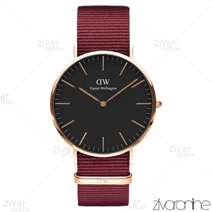 ساعت دنیل ولینگتون مردانه قاب رزگلد بند پارچه ای زرشکی 103535