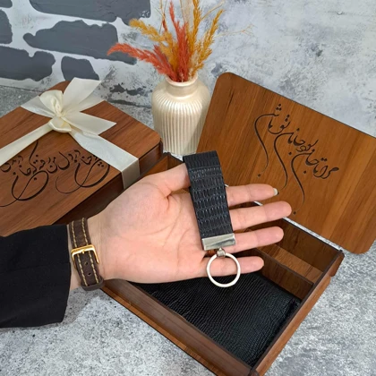 ست هدیه چرم کیف پول چرم مردانه دستی چرم طبیعی لیزارد مشکی