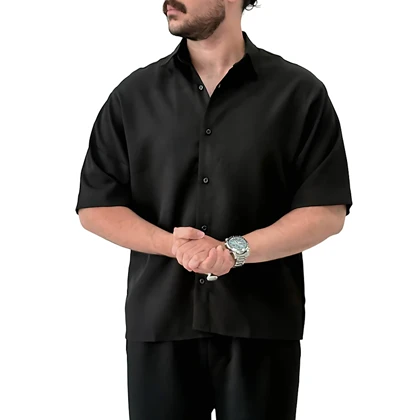 پیراهن مازراتی آستین کوتاه کرم مشکی مدل ساده
