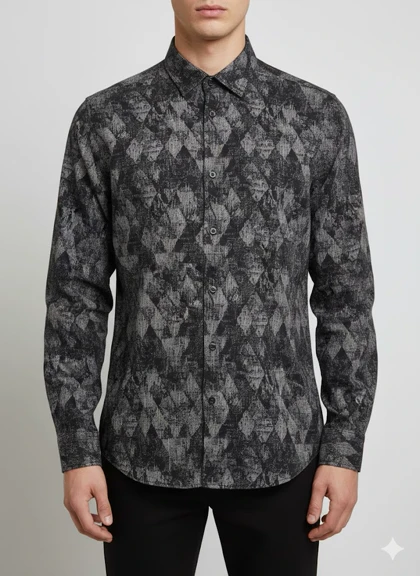 پیراهن مردانه آستین بلند کنفی طرحدار مشکی کد 2000