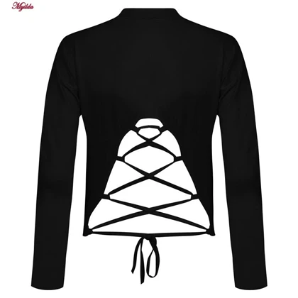 کراپ تیشرت آستین بلند زنانه مدل پشت بند ضربدری رنگ مشکی کد 5228-609P