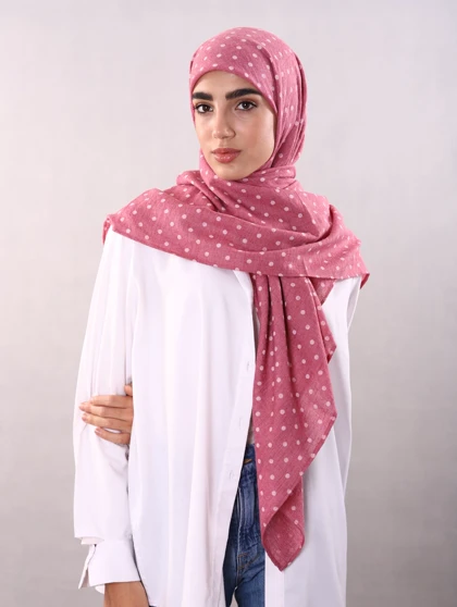 روسری وال نخی ژاکارد خال‌خالی صورتی تیره