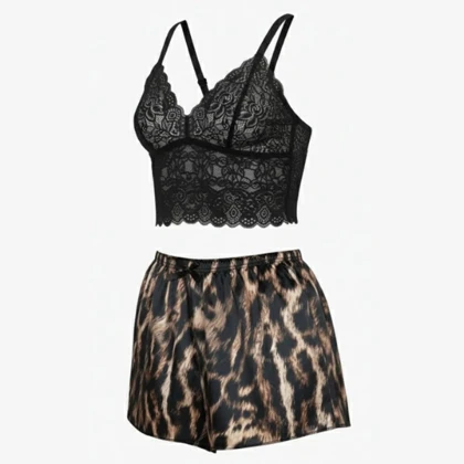 لباس خواب زنانه مدل گیپور و ساتن پلنگی 102