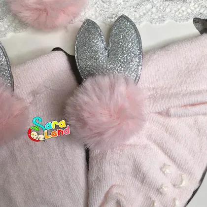 ست جوراب و هدبند دخترانه Little Gift طرح خرگوش پوم دار صورتی