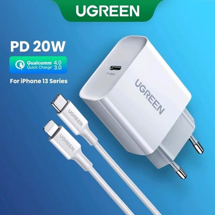 شارژر دیواری تایپ‌سی 20 وات با کابل تایپ‌سی به لایتنینگ یک متری یوگرین CD137 50698