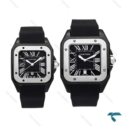 ست ساعت کارتیه سانتوس 100 مشکی سیلور بند رابر Cartier-6368-S
