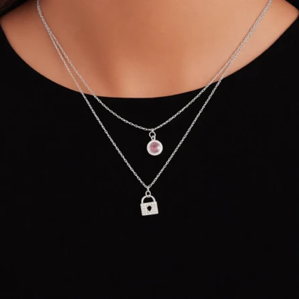 گردنبند نقره دخترانه 925 اصل مدل قفل و نگین صورتی دو رج