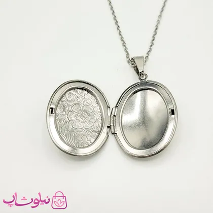 گردنبند لاکت بیضی طرح گل نقره ای