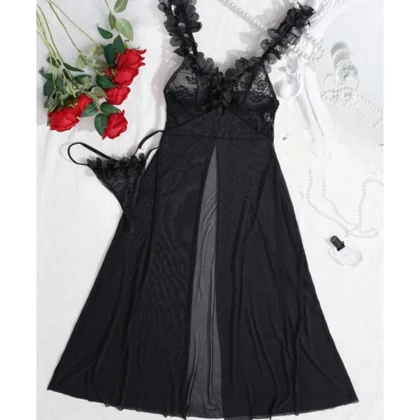 لباس خواب شکوفه دار مشکی برند LOVELE کد 8048