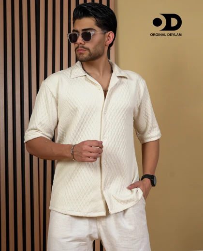 پیراهن لش یقه انگلیسی کرم استخونی مردانه استایل اولد مانی تابستانی