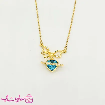 گردنبند دخترانه قلب زحل پروانه طلایی با سنگ آبی