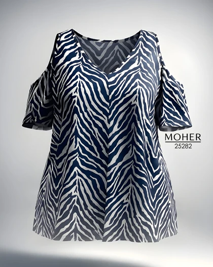 تیشرت سرشانه‌باز زنانه سایز بزرگ طرح زبرا آبی سفید