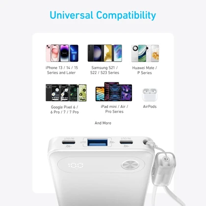 پاور بانک 10000 میلی‌آمپر 22.5 وات فست شارژ Type-C و USB همراه با کابل دو سر تایپ سی انکرA1257