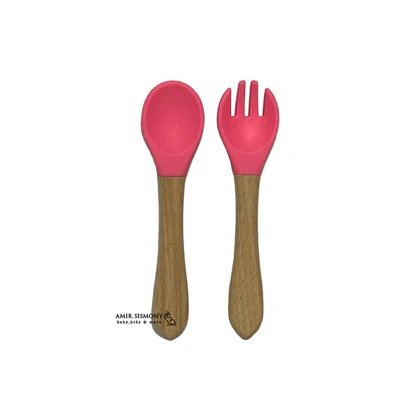 قاشق سر سیلیکونی دسته چوبی کودک