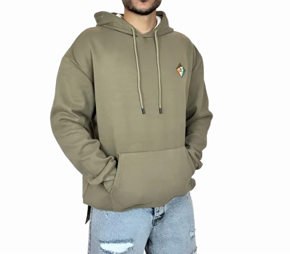 هودی زیتونی کلاهدار اورسایز مردانه مشکی MONO با لوگوی لوزی و چاپ پشت