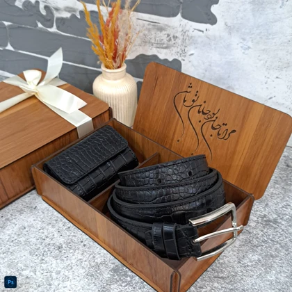 ست هدیه چرم طبیعی مردانه کمربند و جاکارتی مدل 2 تیکه روکو مشکی