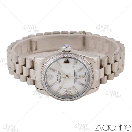 ساعت رولکس دیت جاست زنانه نقره ای صفحه سفید دور نگین مدیوم 105699