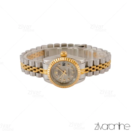 ساعت رولکس دیت جاست زنانه دورنگ طلایی صفحه طوسی 105046