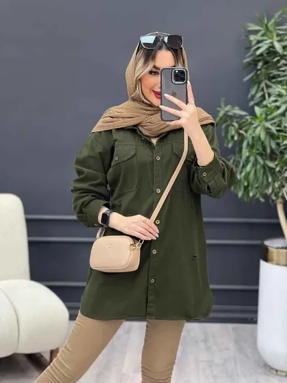 مانتو کتان زاپ‌دار دو جیب پاکتی