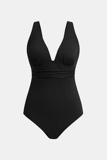 مایو یک‌تکه Cupshe مدل Black Ginger Ribbed & Ruched – مشکی، کبریتی و فرم‌دهنده با یقه هفت عمیق