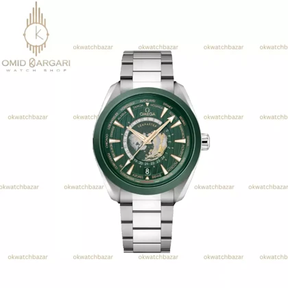 ساعت مچی امگا سیمستر جهان نما صفحه سبز بزل سبز Omega Seamaster Worldtimer