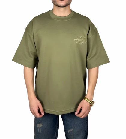 تیشرت آستین کوتاه سبز زیتونی با گلدوزی برجسته