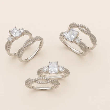 ست حلقه و پشت حلقه نقره‌ای زنانه با نگین مربعی Xuping