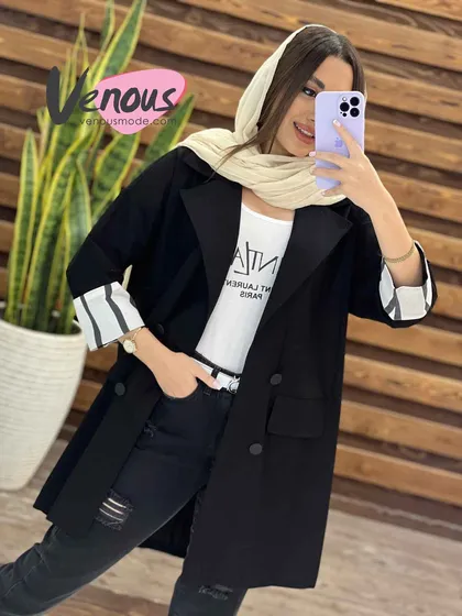 مانتو کتی چهاردکمه آستین راه راه