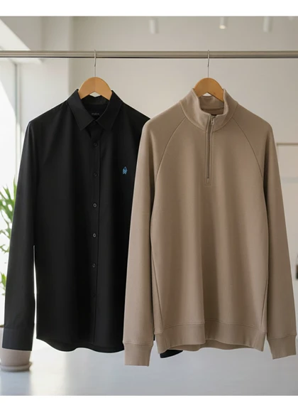 پکیج دورس مردانه نیم زیپ مدل Behbod-کرم + پیراهن مردانه مشکی VQ